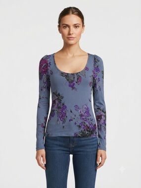 Kirra Slate Blue Long Sleeve Scoop Neck Tee with Purple Floral Print